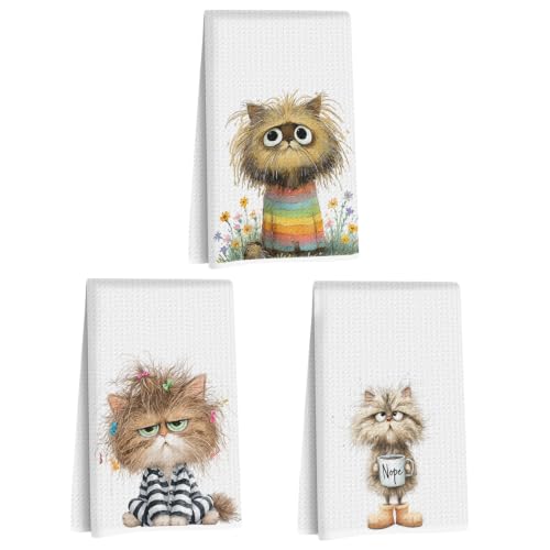 3 Pcs Funny Cat Kitchen Towels, Cute Cats Gifts Reusable Hand Towels-02 | Cat Dish Cloths for Drying Dishes, Cats Waffle Dish Towels for Kitchen Bathroom Decor, Cat Lover Gifts for Women Mom Grandma - color: Multi 1628