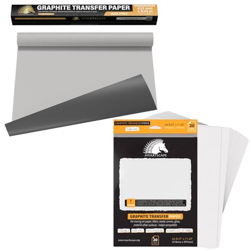 MyArtscape Graphite Transfer Paper Roll 17" x30ft & 20 White Sheets Bundle, Wax-Free, Erasable, Smudge-Free, Ideal for Drawing, Tracing, Arts & Crafts – Precise, Durable, Premium Supplies
