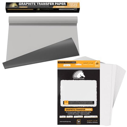 MyArtscape Graphite Transfer Paper Roll 17" x30ft & 20 White Sheets Bundle, Wax-Free, Erasable, Smudge-Free, Ideal for Drawing, Tracing, Arts & Crafts – Precise, Durable, Premium Supplies