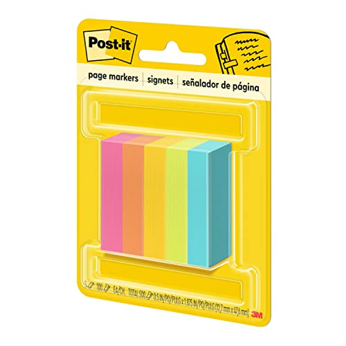 Post-it Page Markers, Assorted Colors, 1/2 in x 2 in, 100 Sheets/Pad, 5 Pads/Pack (670-5AN)