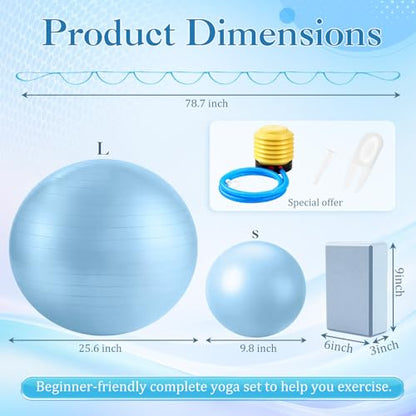 6-in-1 Yoga Balls and Yoga Block Set with Strap Foot Pump, Exercise Pregnancy Balls for Birthing, Pilates Kit Fitness Physical Therapy Home Gym Workout Equipment - color: Blue