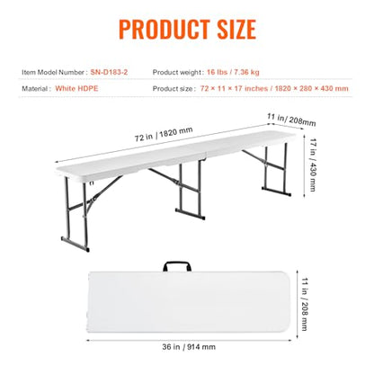 VEVOR Plastic Folding Bench, 6ft Portable Folding Bench, Smooth High Density Polyethylene Waterproof Outdoor Bench, Picnic Camping Table with Handle for Garden Soccer Playtime, White (1 Pack)