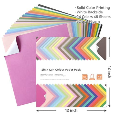 12x12 Scrapbook Paper 48 Sheets 120 gsm 32 lb Brights Pastels & Brights 24 Color Cardstock Paper for Cricut Maker, Scrapbooking, Paper Crafting