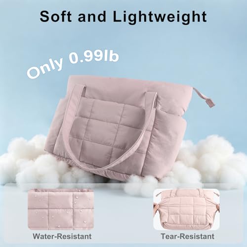 U+U Puffer Tote Bag for Women, Quilted Work Tote with Compartments | Work-to-Travel Design with Yoga Mat Strap - color: Dusty Pink