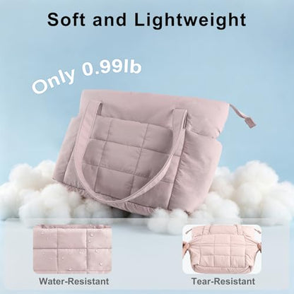 U+U Puffer Tote Bag for Women, Quilted Work Tote with Compartments | Work-to-Travel Design with Yoga Mat Strap - color: Dusty Pink