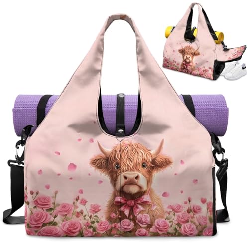 Gym Bag with Yoga Mat Holder Large Tote Bag With Multi Pockets for Women Men Dry Wet Separated Pocket Carryall Yoga Tote Bag for Pilates Travel Workout Office - color: Highland Cattle