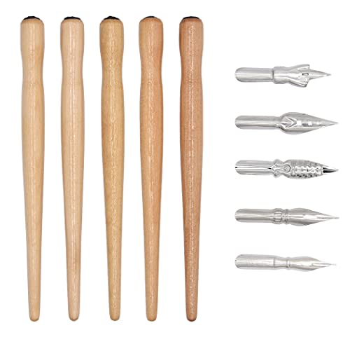 XIAOYU Cartoon Comic Dip Pen Set, 5PCS Comic Pen Holders with 5 Pieces Comic Pen Nibs Kit, Wooden Comic Pen Nib Holder for Writing, Painting, Signing, Wooden - color: Wooden
