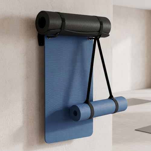 Yoga Mat Wall Mount Holder & Straps for Eyelet Workout Mat Hanging Storage | 2 Hooks, 2 Adjustable Elastic Straps & 1 Carry Sling - Home Gym Storage Hanger for Exercise Mat, Pilates Mats & Foam Rollers