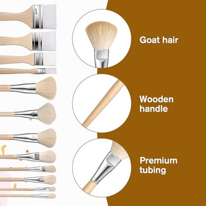 Mop Brush for Acrylic Painting, 12 Pieces Versatile Blending Brush Paint Brushes for Acrylic Painting Goat Hair Paint Brushes Set with Wooden Handle for Watercolor Oil Face Body Art