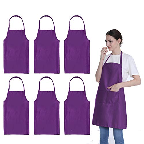 Plain Purple Color Bib Aprons Bulk Adult for Women Men Unisex Chef Apron with 2 Pockets for Cooking Baking Kitchen Restaurant Crafting (Purple,6pcs-size24 X28) - color: Purple