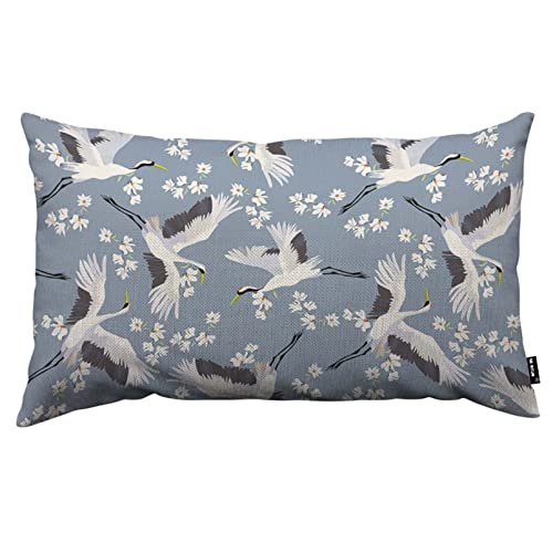 TKS MITLAN Crane Throw Pillow Case Cushion Cover Flying Bird Flower Blue White Linen Couch Bed Sofa Car Waist Cushion Cover 12 x 20 inch - color: Crane, size: 20" x 12" (Pack of 1)