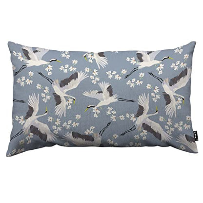 TKS MITLAN Crane Throw Pillow Case Cushion Cover Flying Bird Flower Blue White Linen Couch Bed Sofa Car Waist Cushion Cover 12 x 20 inch - color: Crane, size: 20" x 12" (Pack of 1)