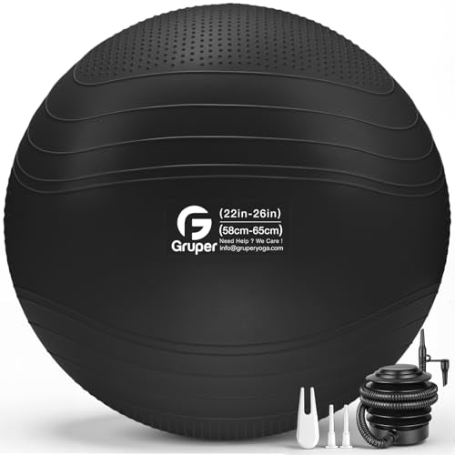 Gruper Yoga Ball, Extra Thick Non Slip Exercise Ball for Workout, Yoga, Pregnancy, 4 Sizes Anti Burst Chair for Home and Office, Includes Foot Pump & Fitness Guide - color: Black, size: 26 Inch (65cm),l