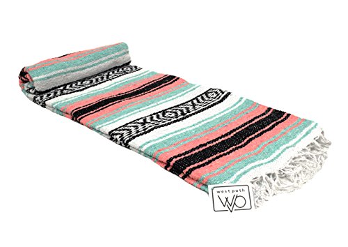 Open Road Goods Multi Color Mexican Falsa Blanket - Handwoven in Mexico - Great for The Beach, Picnics, Yoga, or a Throw! (Mint/Peach) - color: Mint/Peach