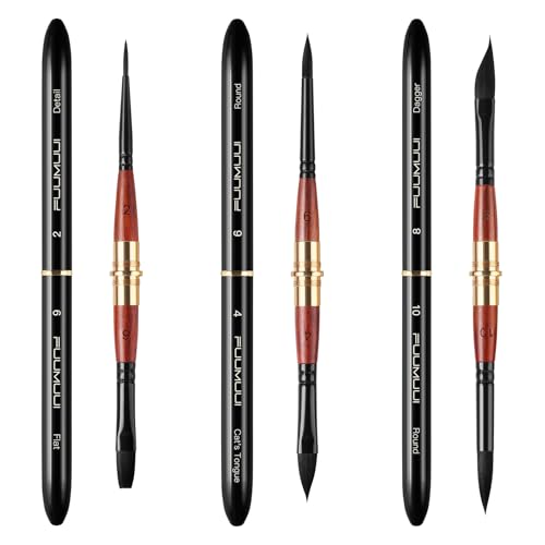 Dual Tip Travel Watercolor Brushes, Fuumuui 3pcs Synthetic Squirrel Hair Set of 6 Versatile Tips with Leather Pouch Perfect for Watercolor Gouache Ink Painting - color: Black