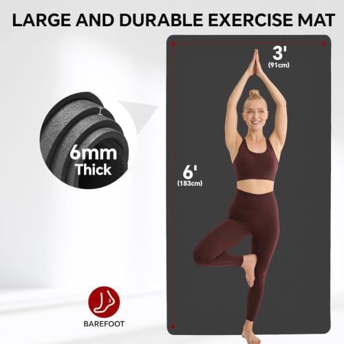Stepwaver Extra Large Yoga Mat 6'x3'(1/4" Thick), Non-Slip, Ultra Durable, Wide Workout Mat, Wide Exercise Mats for Home Workouts, Yoga, Pilates, Stretching (Barefoot Exercise) - Black