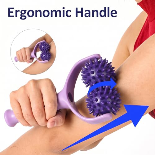 Handheld Spiky Massage Balls Rollers, 2 Wheel Spiky Massage Ball Rollers Silicone Manual Massage-Roller with Handle Pressure Point Muscle Massages Tool for Foot Arm Body Neck Leg Pain Pressure Relief - color: Purple