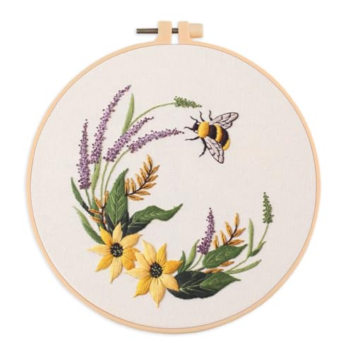 Meecaa Bee Flower Animal Embroidery Kit Starter Set, Hand Embroidery Set,Pattern Printed Cross Stitch Set for Beginner Adults, with Embroidery Hoop and Instructions (Bee 4) - color: Bee 4