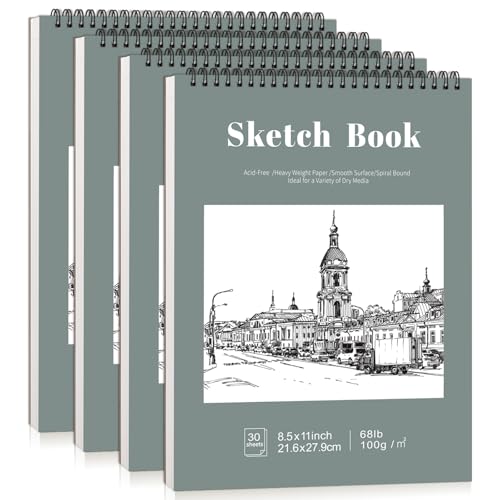 4 Pack Sketch Books 8.5 × 11 in, Top Spiral, 100gsm, Light Cyan | Acid-Free Paper, 30 Sheets Each, Hardcover with Rigid Back, Lay-Flat Top Spiral, for Sketching & Dry Media - color: Light Cyan, size: 8.5 × 11Inch（4 Pack）