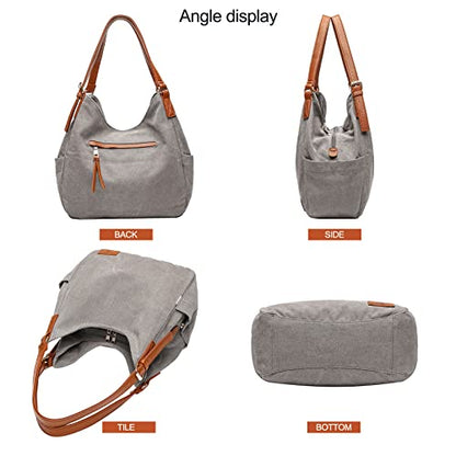 Worldlyda Women Canvas Hobo Purse Multi Pocket Tote Shopper Shoulder Bag Casual Top Handle handbag with Embroidery Ethnic - color: Be06grey