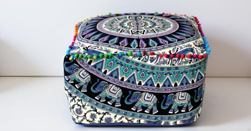 Green Deer Elephant Mandala Floor Pillow Cover 18x18x14 Inch Handmade Cotton Meditation Cushion Cover Square Ottoman Pouf Cover Bohemian Floor Seating Pillow for Living Room Bedroom Decor (Cover Only)