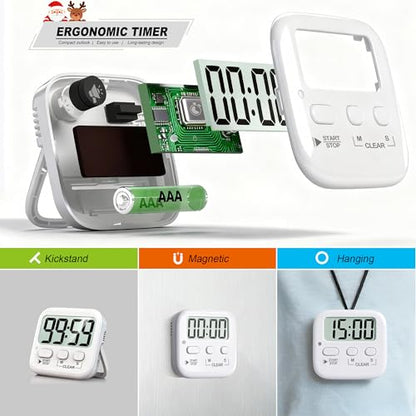 Antonki 2 Pack Digital Timer for Kids Classroom Kitchen Timers for Cooking | w/ Battery, Easy to View, Alarm, Mute Mode, Count Down/Up, Magnetic, Kickstand, Hanging, Classroom Timer for Teacher Supplies - color: Pure White *2