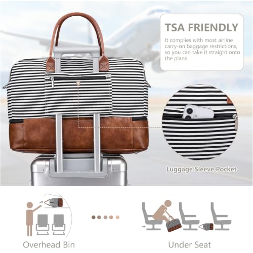 Large Women Travel Weekender Bag: Carry on Duffle with Shoe Compartment | Overnight Duffel Bags with Wet Pocket, Crossbody & Toiletry Bag, 3PCS Womens Traveling Tote Set for Hospital Gym Weekend Trip - color: 01 Black Striped