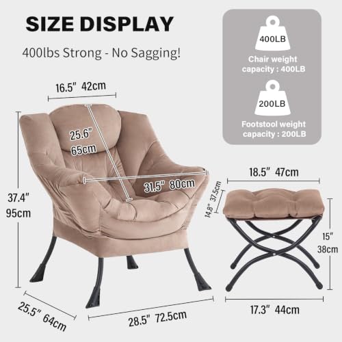 Tiita Lazy Chair with Ottoman, Comfy Reading Accent Chair, Velvet Khaki | Foldable Footrest, Padded Seat and Backrest, Side Pocket for Lounging in Living Rooms, Bedrooms, Dorms and Small Spaces - color: Khaki