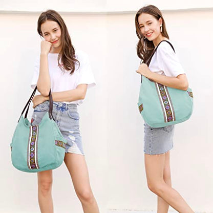 Worldlyda Women Canvas Hobo Purse Multi Pocket Tote Shopper Shoulder Bag Casual Top Handle handbag with Embroidery Ethnic - color: Mint Green