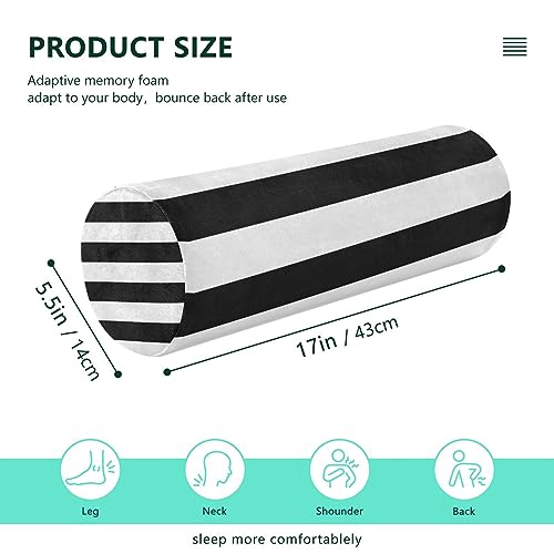 Round Pillow with Cover Black & White Stripes Neck Roll Bolster Pillows Cervical Pillow Case Memory Foam Neck Support for Sleeping