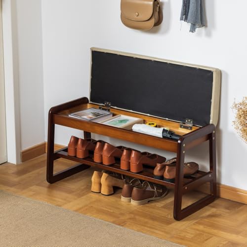 SOBIBO Solid Wood Shoe Rack Bench with Flip-Top Storage, Gray, 31.5" | Mid-Century Modern, Flip-top Hidden Storage, Faux Leather Cushion, 600lb Capacity, Ideal for Entryway, Hallway, Bedroom - color: Beige(flip‑top), size: 31.5 inches
