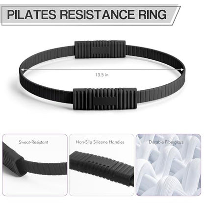 Pilates Kit, 13.5" Pilates Ring with Mini Ball & Resistance Bands | Home Pilates Equipmen Set, Magic Circle Ring with Anti-Slip Handles for Beginners, Workout Guide Included - color: Black
