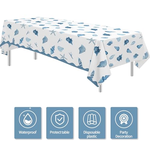 Seashell Party Tablecloth Decorations, Summer Birthday Turned Pretty | 3Pcs Disposable Ocean Sea Shell Table Cover Supplies for Birthday Starfish Blue Coasta Bachelorette Wedding 55in x 86in