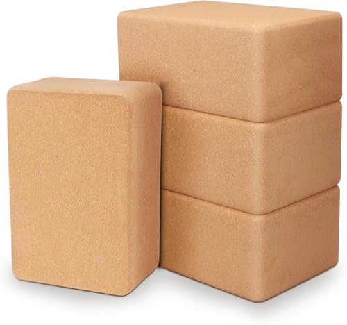 4 Pack Cork Yoga Blocks, Non-Slip High-Density Yoga Bricks, 9 x 6 x 4 in | Natural Fitness Props for Pilates, Stretching, Balance Training, Deep Poses, Gym, Studio and Home Workouts