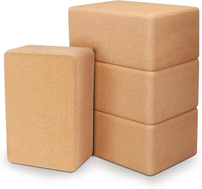 4 Pack Cork Yoga Blocks, Non-Slip High-Density Yoga Bricks, 9 x 6 x 4 in | Natural Fitness Props for Pilates, Stretching, Balance Training, Deep Poses, Gym, Studio and Home Workouts