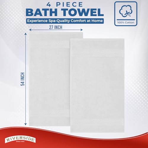 RIVERSIDE 4 Pack Luxury Large White Bath Towels, 27x54 Inches, 600 GSM | 100% Cotton, Larger & Lightweight Towels for Shower & Bathroom, Highly Absorbent & Quick-Dry, Perfect for Daily Use - color: White, size: Bath Towels - 4 Pack