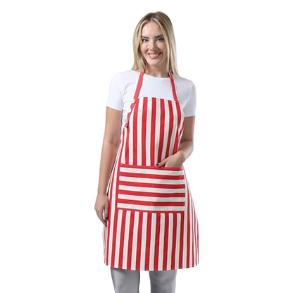 TOSHEX Kitchen Apron Cotton Waterdrop Resistant Adjustable Button Women Men | Premium Cotton Cooking Apron with Pocket. Striped, Gift, Red - color: Red