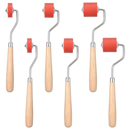 6 Pcs Rubber Brayer Rollers Set, Red Rubber Roller with Wood Handle & Iron Frame for Stamping, Printmaking, Block Printing, Crafting, and Ink Spreading