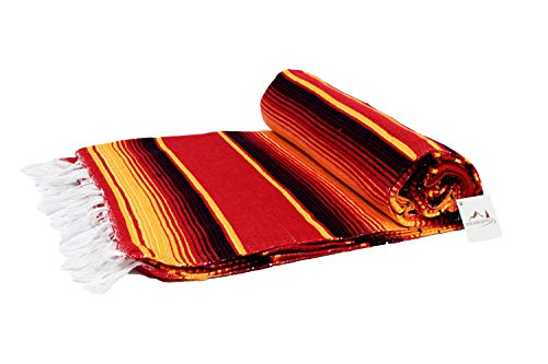 Open Road Goods Authentic Mexican Serape Blanket - Multicolor Saltillo Throw with Classic Stripe Pattern - Lightweight Handmade Blanket for Beach, Yoga, or Home Decor (Orange Red) - color: Sunrise Serape