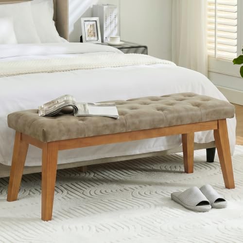 43.5" Button Tufted Faux Leather End of Bed Entryway Bench, Light Taupe - color: Light Taupe-pu-tufted