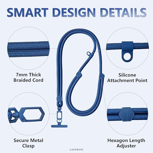 Adjustable Crossbody Phone Lanyard, Braided Cord with Tether Tab | Braided cord, Tether tab, Secure clasp, Accessory clip for hands-free crossbody use - color: Blue
