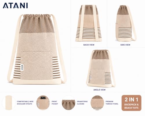 ATANI Turkish Beach Towel, Converts to a Bag, Oversized 100% Cotton Bath Towels Lightweight Quick-Dry Beach Blanket for Travel, Picnic, Camping, Yoga and Pool (Brown, 71 inc x 39 inc) - color: Brown, size: 71 inc x 39 inc