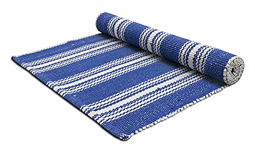 Hand Woven 100% Cotton Yoga Mat- Thick Handloom Made in India- for Gym Floor Exercise - Runner for Bedroom - color: Blue