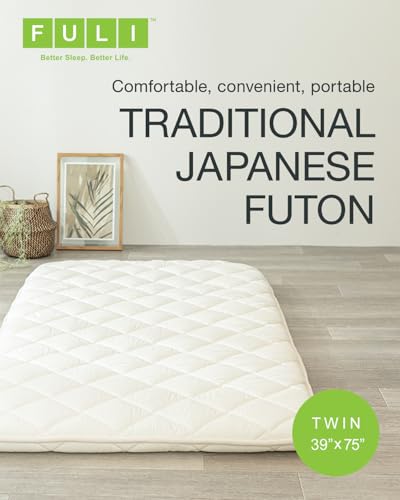 FULI Japanese Futon, Twin Size, White - Foldable Shikibuton Floor Bed | Medium Firm Quilted Cotton Sleeping Pad, Portable Roll-Up Japanese Floor Bed for Guests & Small Spaces, 100% cotton surface - size: Twin (75"L x 39"W), style: Standard