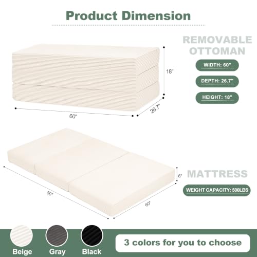 6 Inch Tri Fold Memory Foam Mattress Queen Size, Foldable Futon Mattress Topper with Removable Washable Cover, Portable Floor Sofa Bed Guest Mat with Carry Handles & Non-Slip Bottom for Camping - color: Beige, size: Queen