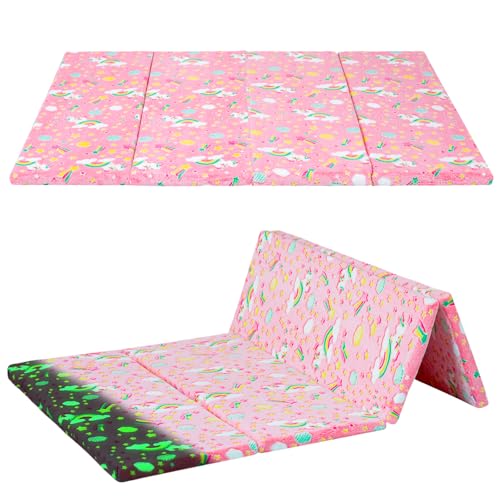 MeMoreCool Kids Floor Mattress, 48x72 Inch Foldable Play Mat, Pink Unicorn - color: Pink Rainbow
