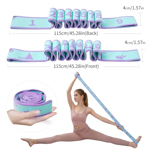 9 Loops Elastic Yoga Stretching Strap Pattern Guide, Resistance Stretch Band for Flexibility, Pilates, Dance, Gymnastics, Ballet, Physical Therapy, Leg & Body Stretching - color: Blue