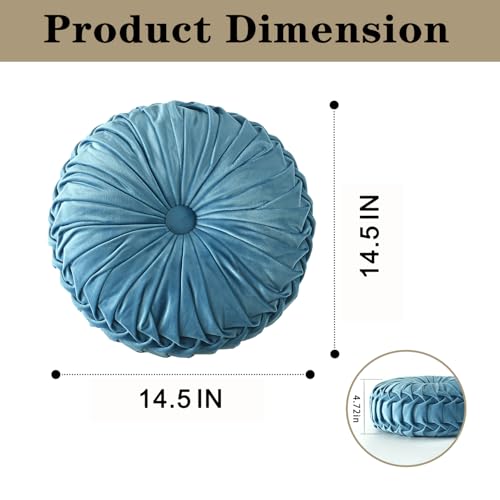 HIG Set of 2 Dusty Blue Velvet Decorative Round Pleated Throw Pillows - color: Dusty Blue
