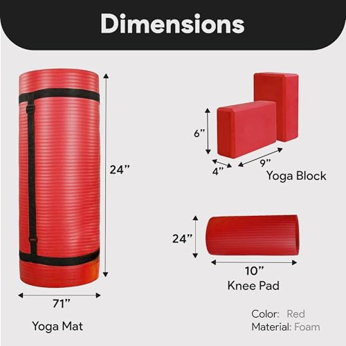 BalanceFrom 71x24 Inches Yoga Mat with Knee Pad and Optional Blocks – Extra 1-Inch Thick Non-Slip Foam with Anti-Tear Surface and Carrying Strap for Home, Studio, or Gym Workouts - color: Red, style: Mat & Knee Pad & Yoga Blocks