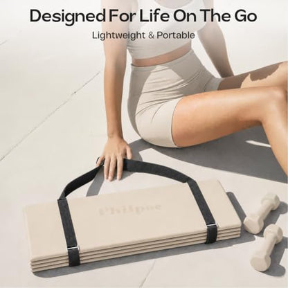 Foldable Yoga Mat, 70''x24''x0.24''(6mm）Non-slip POE Exercise Mat - color: Beige